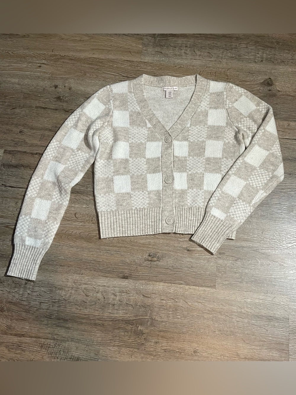 Sincerly Jules Beige & Cream Checker Cropped Cardigan